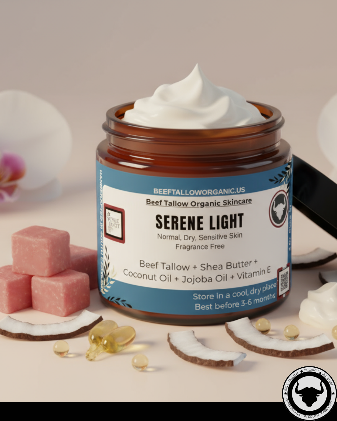 #serene-light, #true-root, #beef-tallow, #shea-butter, #coconut-oil, #jojoba-oil, #vitamine