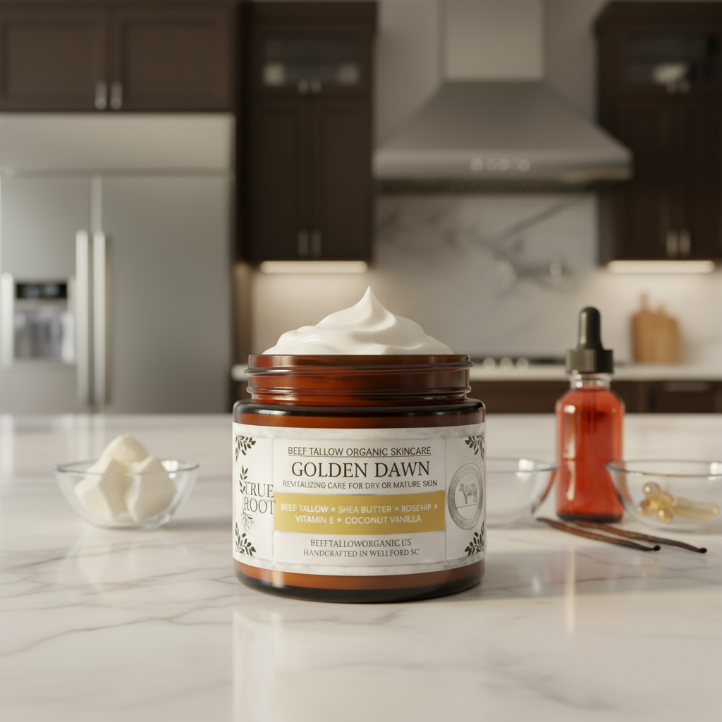 BEEF TALLOW + SHEA BUTTER + ROSESHIP + VITAMIN E + VANILLA + 4 onzas