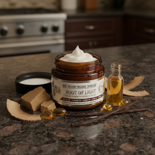beef Tallow, True Root, Root of Light, Skincare, Organic, Coconut Oil, Cocoa Butter, Jojoba Oil, Vitamin E