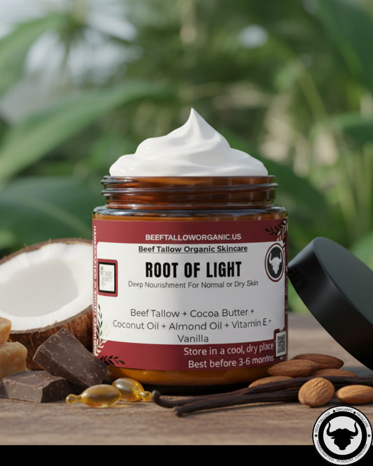 #root-of-light, #true-root, #beef-tallow, #cocoa-butter, #coconut-oil, #almond-oil, #vitamine, #vanilla