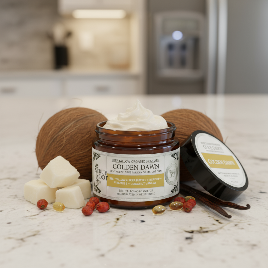 Golden Dawn, beef tallow, shea butter, roseship, vitamin e, coconut vanilla, true root, 4 onzas, Organic, Skincare