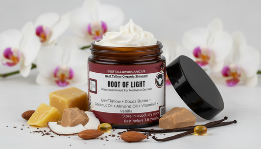 #root-of-light, #true-root, #beef-tallow, #cocoa-butter, #coconut-oil, #almond-oil, #vitamine, #vanilla