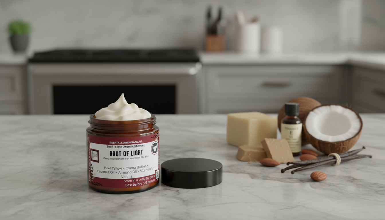 #beef-tallow, #cocoa-butter, #Coconut-oil, #almond-oil, #vitamin-e, #vanilla, #organic, #skincare