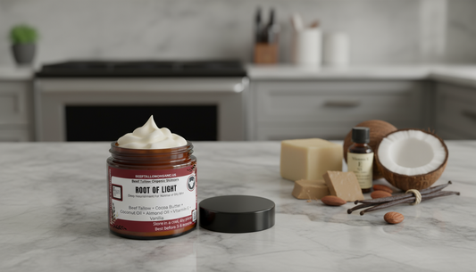 #beef-tallow, #cocoa-butter, #Coconut-oil, #almond-oil, #vitamin-e, #vanilla, #organic, #skincare