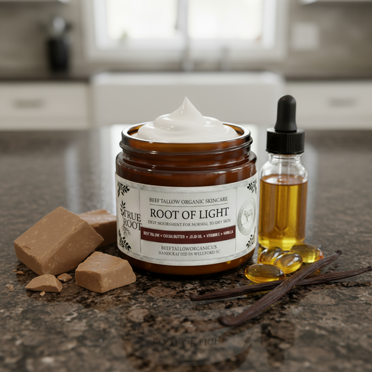 BEEF TALLOW + COCOA BUTTER + JOJOBA OIL + VITAMIN E + VANILLA 4-OZ + true root + root of light